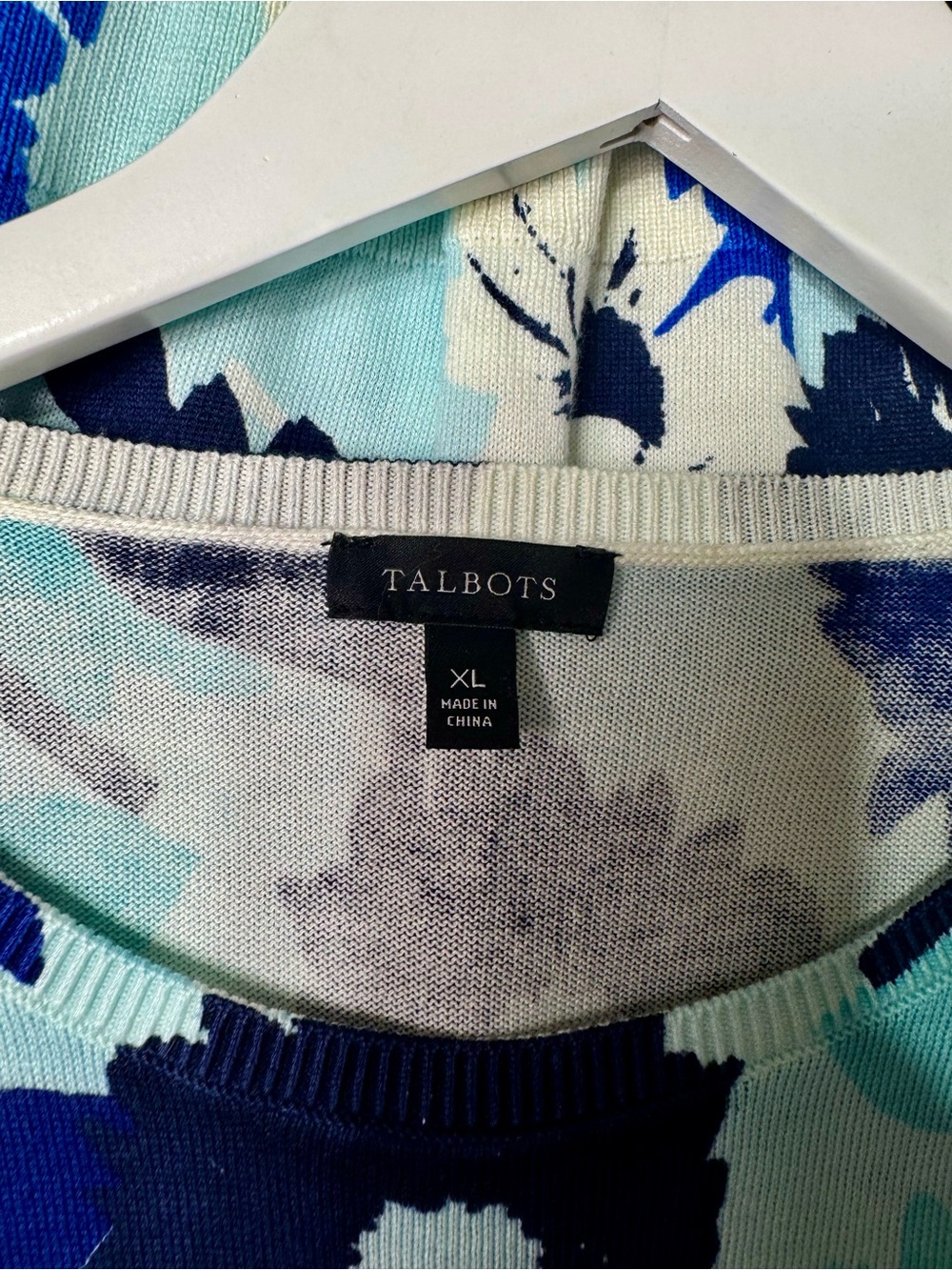Talbots Blue Abstract Floral Puff Sleeve Sweater Lightweight Cotton Size XL - Picture 11 of 12